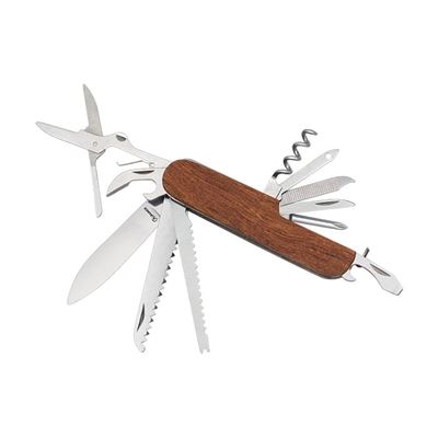 Coltello pieghevole multifunzione con 11 funzioni / manico in legno