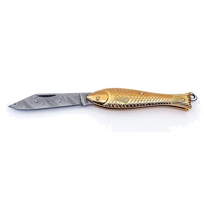 Coltello da pesce ACCIAIO DI DAMASCO impugnatura OTTONE DORATO