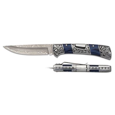 Coltello pieghevole BLUE STAMINA lama liscia in acciaio damasco