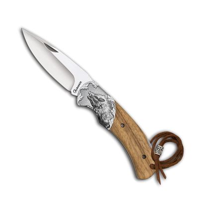 Coltello pieghevole con testa in rilievo KANCE, manico in legno, lama liscia