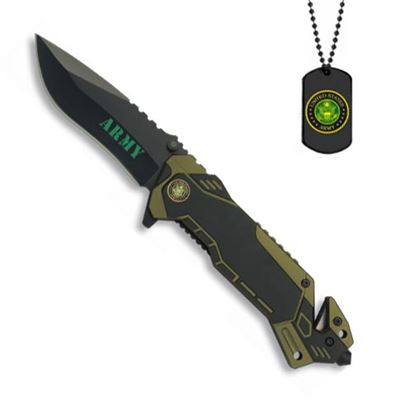 Coltello pieghevole ARMY + fodero + DOG TAG