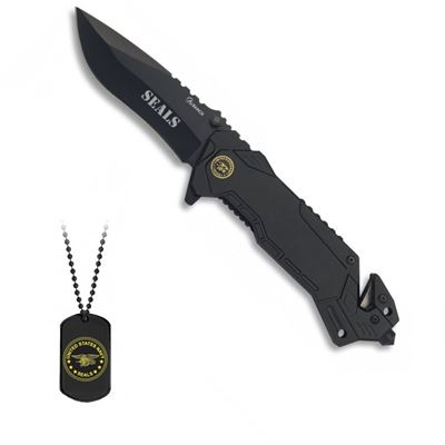 Coltello pieghevole SEALS + fodero + DOG TAG