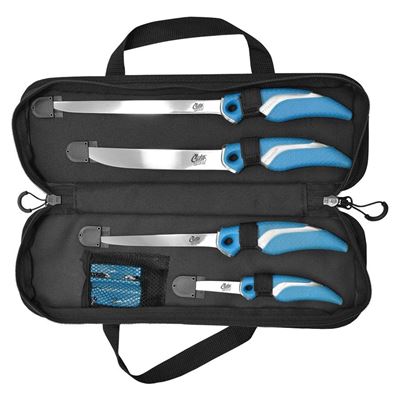 Set di quattro coltelli per sfilettare il pesce, compreso un affilacoltelli e una custodia