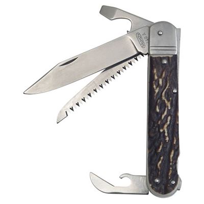 Coltello pieghevole 4 KP con imitazione corno INOX con sicura, manico in PLASTICA