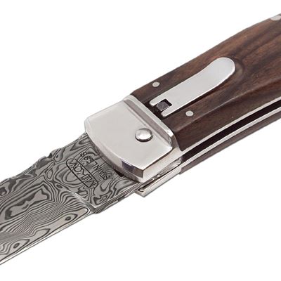 Coltello a scatto in ACCIAIO DAMASCATO con impugnatura in PALISANDRO o NOCE TURCO MIKOV 241-DD-1-KP 10