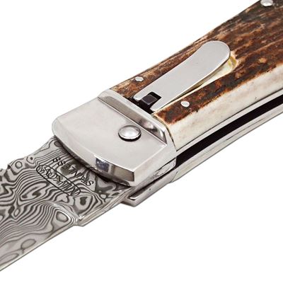 Coltello a serramanico in ACCIAIO DAMASCATO con impugnatura in CORNO DI CERVO MIKOV 241-DP-1-KP 11