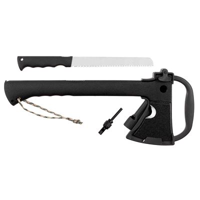 Ascia SURVIVAL con sega e acciarino, custodia in plastica inclusa