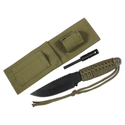 Coltello PARACORD con lama fissa + acciarino VERDE