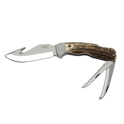 Coltello da caccia INOX con lama fissa, manico in CORNO con seghetto