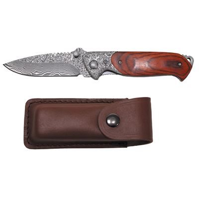 Coltello pieghevole "Damašek" con manico in legno + fodero in pelle