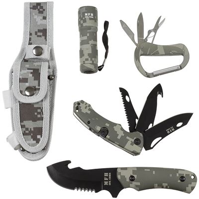 Coltello con lama fissa + coltello pieghevole + torcia + moschettone ACU DIGITAL MFH 45451Q 2