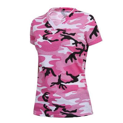 Maglietta da donna con scollo a V allungato PINK CAMO