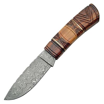 Coltello con lama fissa DAMASCUS CARVED manico in legno