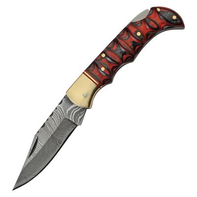 Coltello pieghevole DAMASCUS RED and BLACK con manico in legno