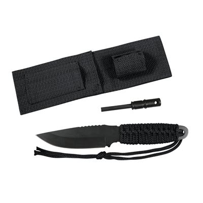 Coltello PARACORD con lama fissa + acciarino NERO