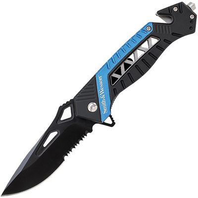 Coltello pieghevole RESCUE lama combinata BLU